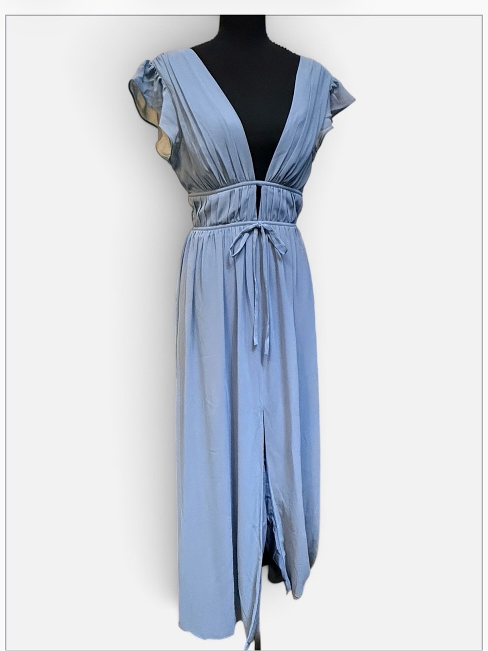 Lulu's Light Blue Deep V Maxi Dress with Tie Waist Size S